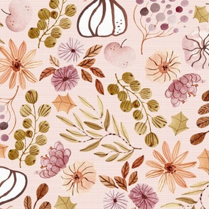 Autumn Floral – Fall Fabric, Neutral Earth Tone Leaves Pumpkins Flowers, plum beige peach green brown (pink cloud, patt 1) large scale
