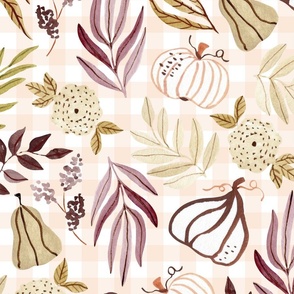 Fall / Autumn, Neutral Earth Tone Leaves Pumpkins Flowers, plum beige peach green brown (blush gingham, patt 2) large scale