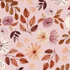 Pink Fall Floral – Autumn Neutral Earth Tone Leaves Pumpkins Flowers, plum beige peach brown (dusty pink, patt 3) large scale