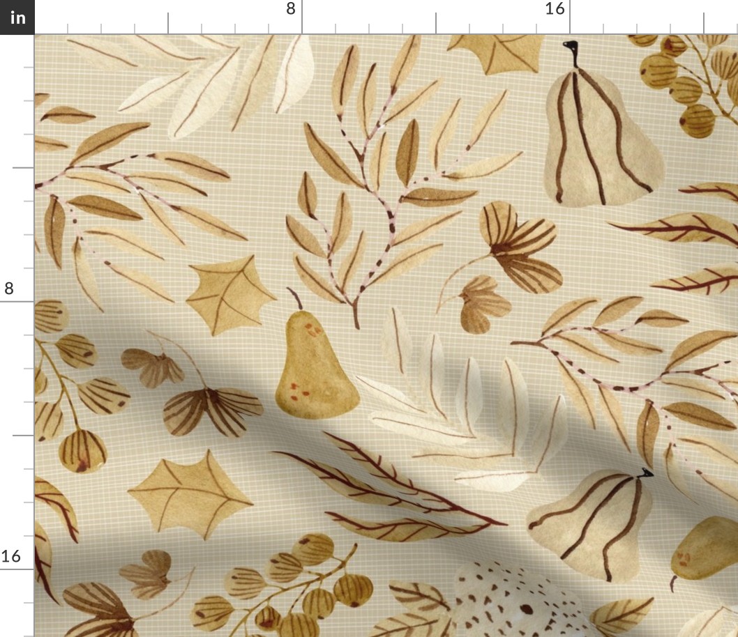 Gold Autumn / Fall, Neutral Earth Tone Leaves Flowers, beige cream gold brown (golden, patt 4) large scale
