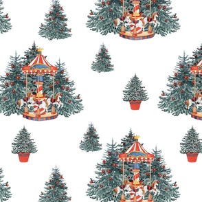 Christmas Trees and Carousels Watercolor Pattern, Medium Scale