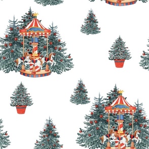 Christmas Trees and Carousels Watercolor Pattern, Large Scale