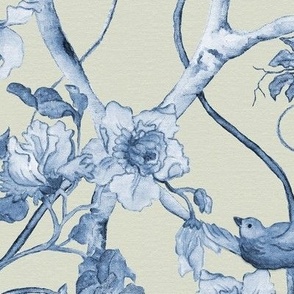 12" Floral Tree Chinoiserie Birds Blue and White over Sage Green by Audrey Jeanne