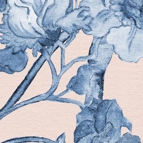 24" Floral Tree Chinoiserie Birds in Blue and White over Blush Pink by Audrey Jeanne