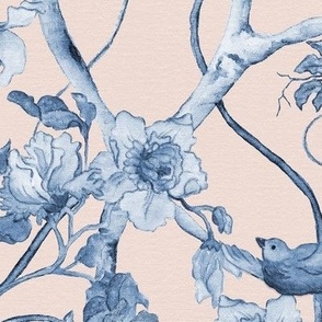 12" Floral Tree Chinoiserie Birds in Blue and White over Blush Pink by Audrey Jeanne