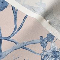 8" Floral Tree Chinoiserie Birds in Blue and White over Blush Pink by Audrey Jeanne