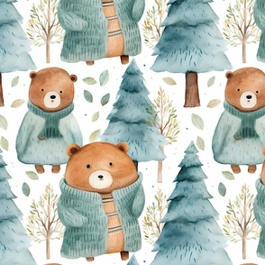 Bears Wearing Scarves In The Woodland