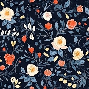 Roses and Vines On Dark Blue