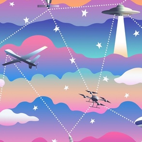 The Spies Above:  Drones, UFO's, 'Weather Balloons",  Blimps, Satellites and Rockets in Pink, Purple, Orange