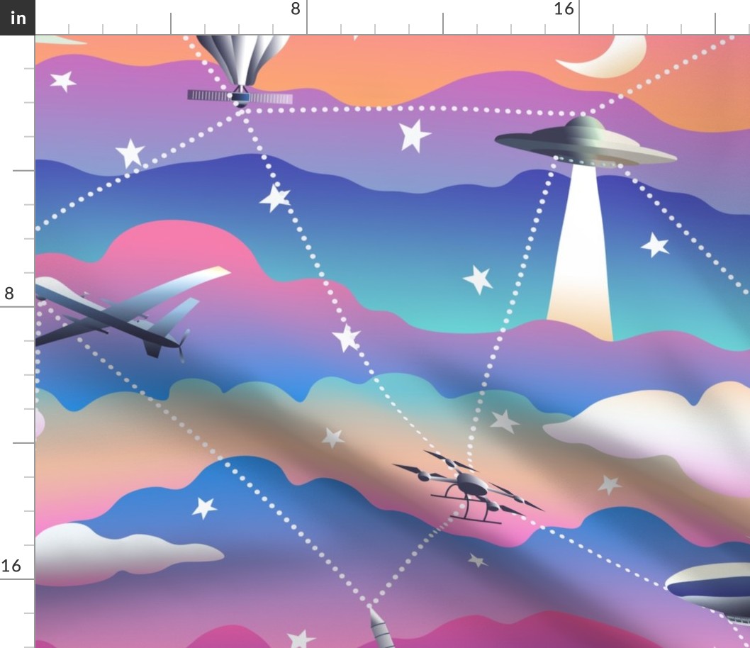The Spies Above:  Drones, UFO's, 'Weather Balloons",  Blimps, Satellites and Rockets in Pink, Purple, Orange