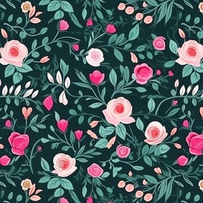 Pink Roses and Vines On Dark Green