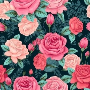 Pink Roses on Dark Blue - Small Floral