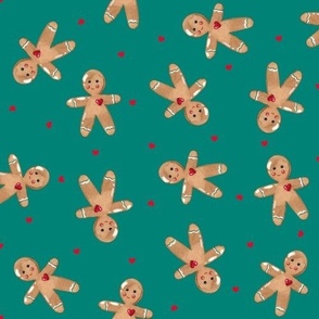 MEDIUM-Gingerbread man & red hearts on turquoise