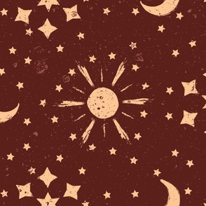 Dark Maroon Red and Yellow Textured Hand Drawn Sun Moon and Stars Large