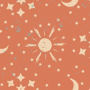Terracotta Textured Hand Drawn Sun Moon and Stars Large