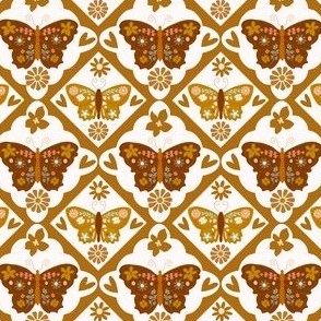 Small  Scale // Burnt Sienna Brown Vintage Check Butterflies on White (Boho Palette)