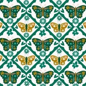 Small Scale // Emerald Green VintageCheck Butterflies on White (Boho Palette)