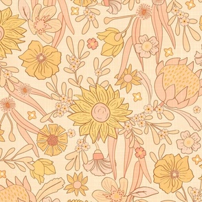 Vintage Nursery Floral on Cream Textured with Blush, Peach & Yellow  