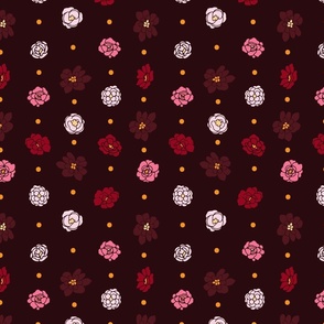 floral mini red, pink, white camellias in vertical lines on dark red