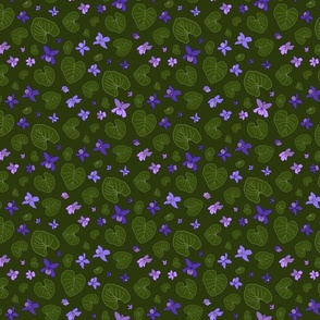mini ditsy floral violets and leaves on dark green