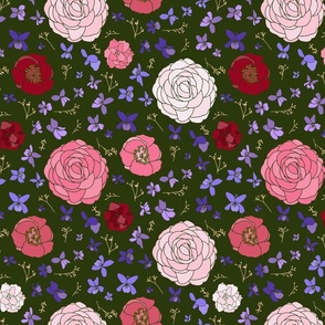 floral nature camellias and violets on dark green - medium