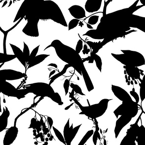 Minimalistic Bird And Foliage Silhouette Pattern Black On White 