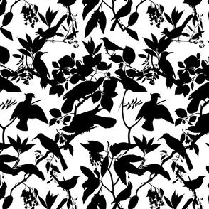 Minimalistic Bird And Foliage Silhouette Pattern Black On White  Smaller Scale