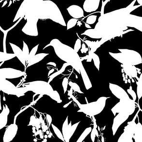 Minimalistic Bird And Foliage Silhouette Pattern White On Black