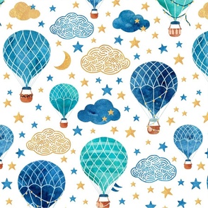 Hot air balloons blue and gold on white large scale