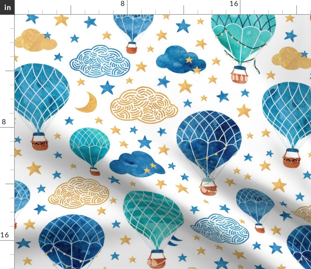 Hot air balloons blue and gold on white large scale