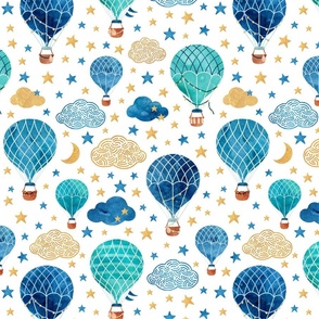 Hot air balloons blue and gold on white medium-large scale