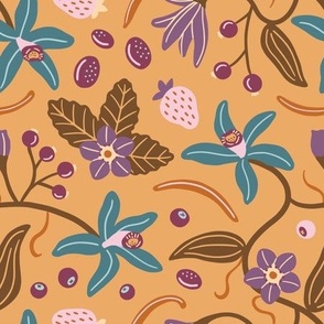 Tropical vanilla flowers and forest berries on pale orange background