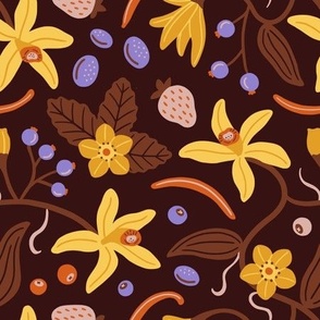 Yellow tropical vanilla flowers and forest berries on dark brown background