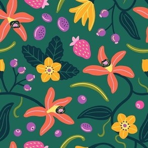 Tropical vanilla flowers and forest berries on green background