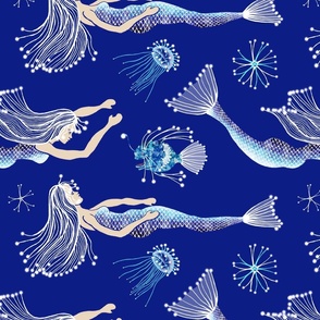 Deep sea mermaid, fish, jellyfish on blue, large