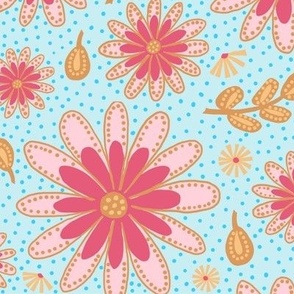 Pink Wildflower Floral with Blue Dots on aqua