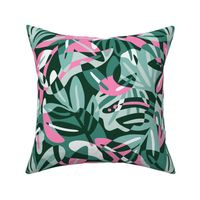 Green and pink maximalist leaves shapes - overlapping tropical leaves  - lush jungle of cut out leaves