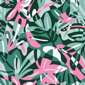 Green and pink maximalist leaves shapes - overlapping tropical leaves  - lush jungle of cut out leaves