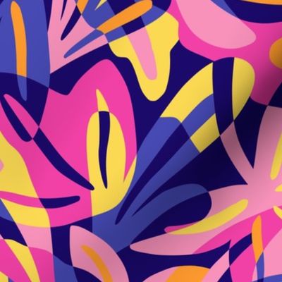 Pink blue and yellow maximalist leaves shapes - paper cut overlapping tropical leaves 