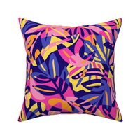Pink blue and yellow maximalist leaves shapes - paper cut overlapping tropical leaves 