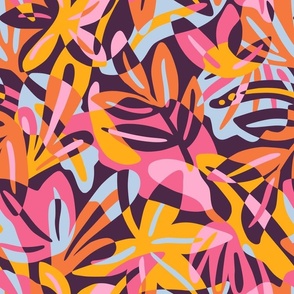 Orange and pink maximalist leaves shapes - paper cut overlapping tropical leaves -  summer pastel color palette