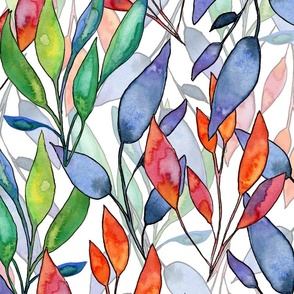 Watercolor leaves in a scattered repeat pattern, blue, pink, green
