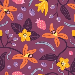 Tropical vanilla flowers and forest berries on purple background