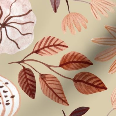 Colorful Fall Floral – Autumn Neutral Earth Tone Leaves Pumpkins Flowers, plum beige peach green brown (golden, patt 3) large scale