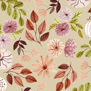 Colorful Fall Floral – Autumn Neutral Earth Tone Leaves Pumpkins Flowers, plum beige peach green brown (golden, patt 3) large scale