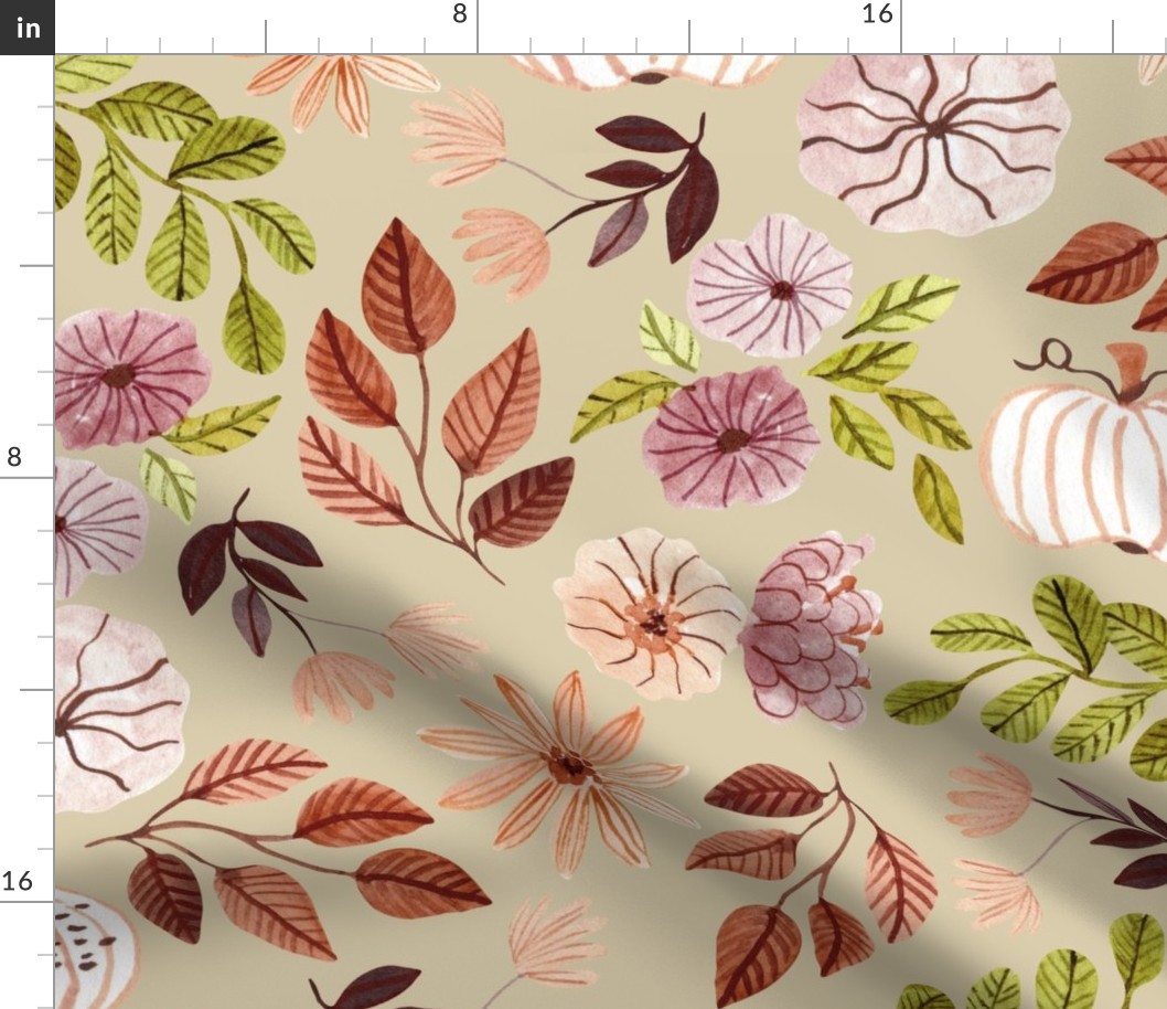 Colorful Fall Floral – Autumn Neutral Earth Tone Leaves Pumpkins Flowers, plum beige peach green brown (golden, patt 3) large scale