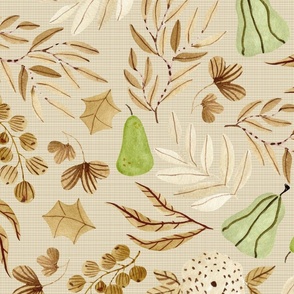 Gold Autumn / Fall, Neutral Earth Tone Leaves Flowers, beige cream green gold brown (golden, patt 4) large scale