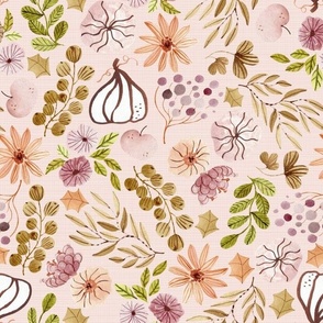 Pink Autumn Floral – Fall Fabric, Neutral Earth Tone Leaves Pumpkins Flowers, plum beige peach green brown (pink cloud, patt 1) half-scale