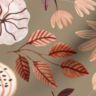 Colorful Fall Floral – Autumn Neutral Earth Tone Leaves Pumpkins Flowers, plum beige peach green brown (mushroom, patt 3) large scale