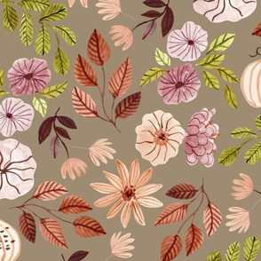 Colorful Fall Floral – Autumn Neutral Earth Tone Leaves Pumpkins Flowers, plum beige peach green brown (mushroom, patt 3) large scale